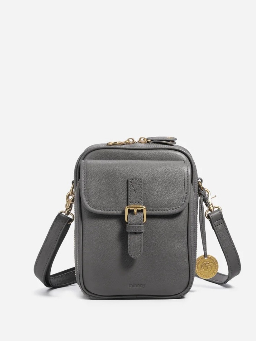 Minooy Naya Gray Pebbeled Leather Small Crossbody Bag Gold Metal Details Straps